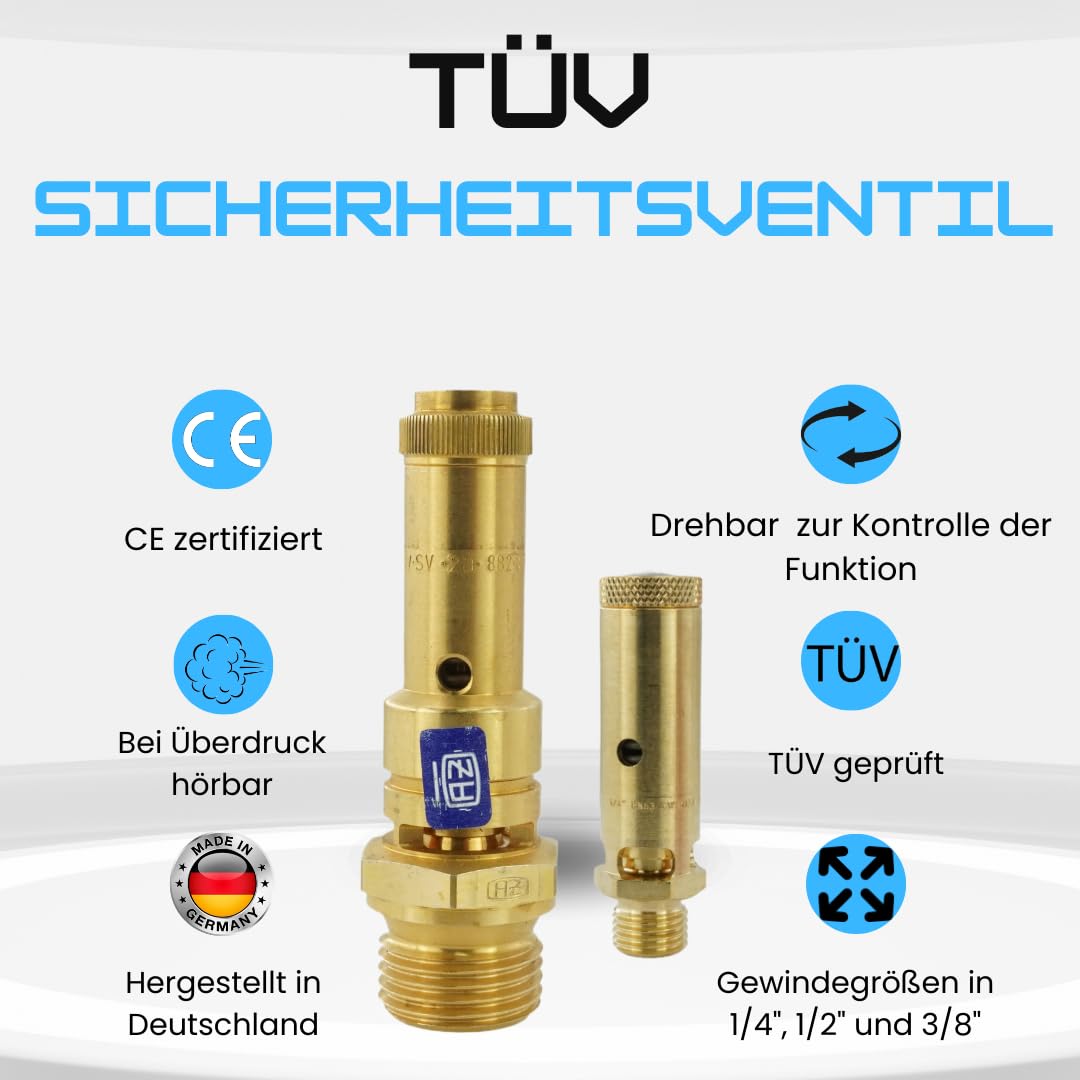 fittingstore - Soupapes de sécurité TÜV (DN8), 6 à 20 bar, soupape de surpression en laiton pour compresseur (filetage : G 3/8", pression de déclenchement : 11 bar)