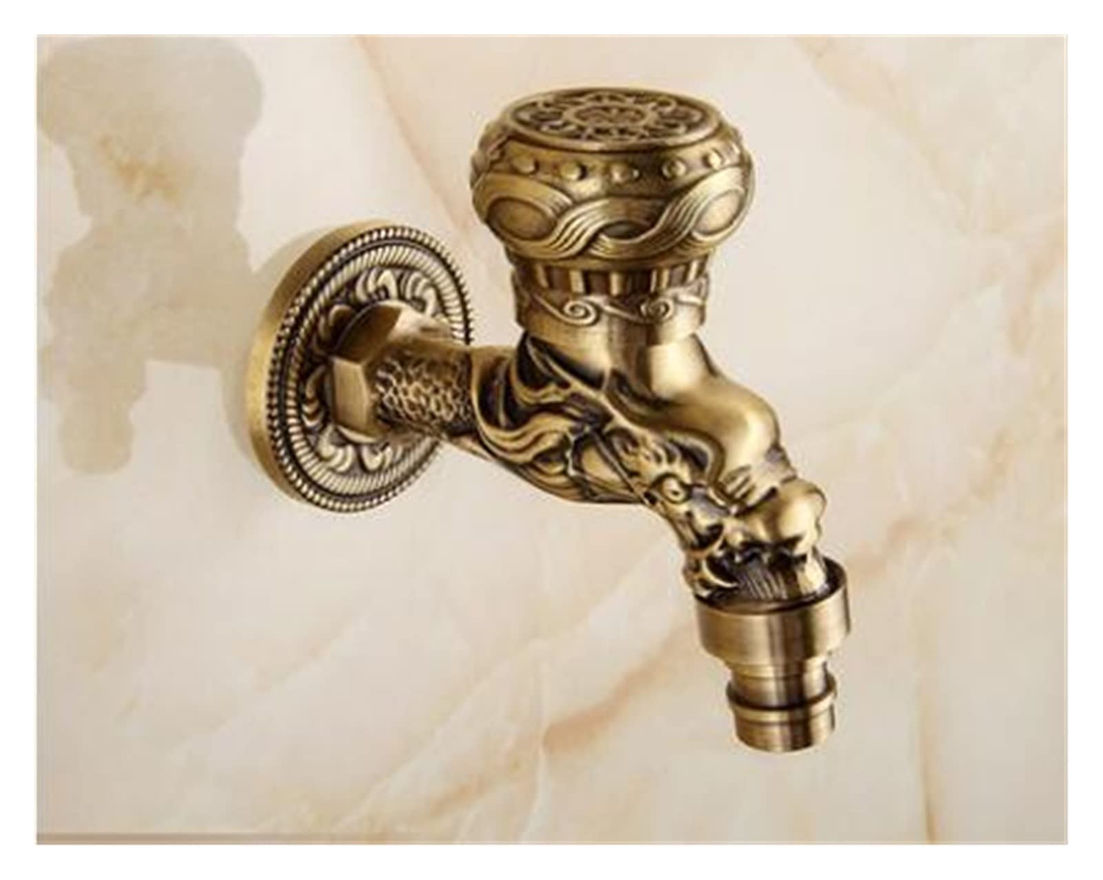 Brass Tap Faucet Garden Bibcocks Antique Brass Dragon Carved Washing Machine Faucet Outdoor Faucet Single Cold Tap Easy to Install(Bronze)