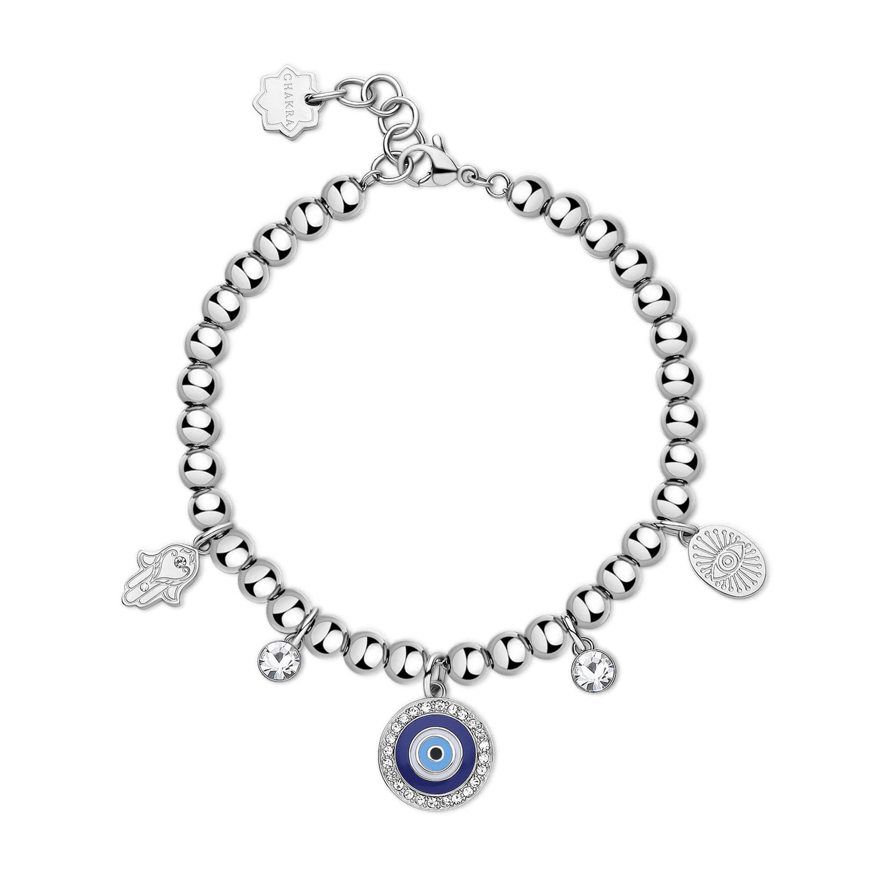 Brosway Bracciale da Donna Collezione Chakra. Gioiello in Acciaio 316L con Finitura in pvd Argento e Cristalli. Simboli: Occhio. Misure: 18,5 cm e 10,6 g. La referenza è BHKB147