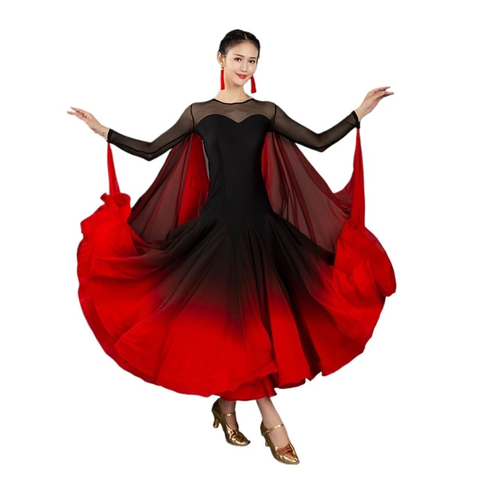 LCKKJHG Ballroom Dance Dress for Women Sexy Modern Dance Dress National Standard Women Ballroom Dresses Red Waltz Performance Costumes(XXXL)