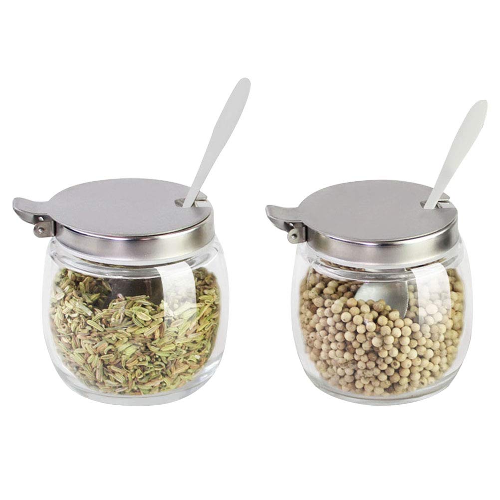 BESTONZON Spice Jar Sugar Bowl with Lid and Spoon Glass Salt Pepper Storage Container - Pack of 2