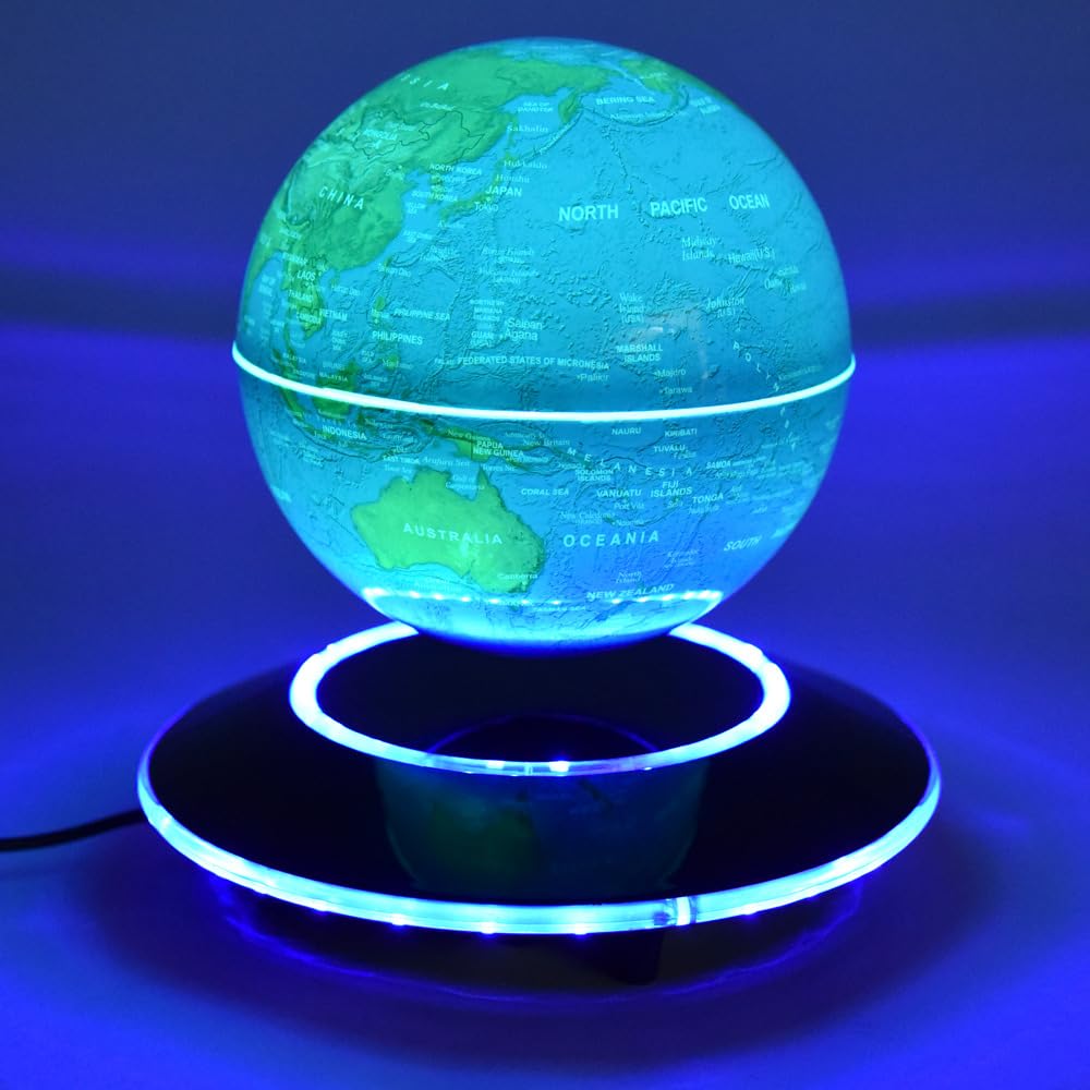 Kögler 75605 - Globe Flottant avec éclairage LED, 14 cm env., Globe magnétique avec Changement de Couleur, câble USB Inclus, comme mappemonde et veilleuse