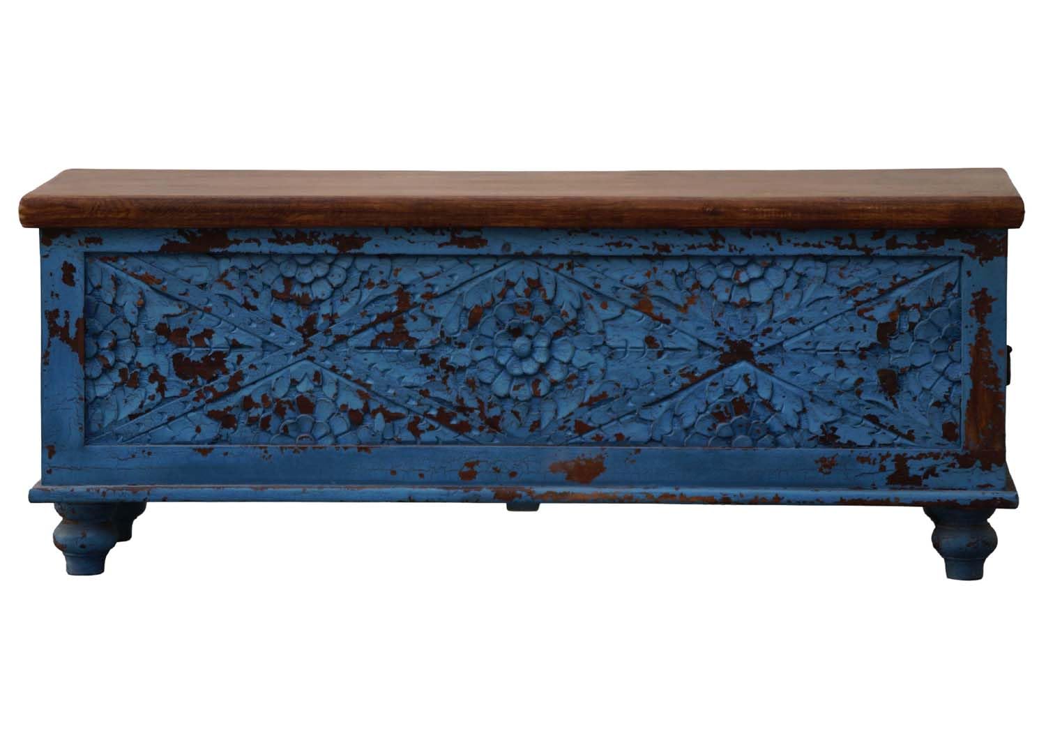 Wooden Carved Trunk, Wooden Storage Trunk, Coffee Table for Living Room, Center Table with Storage, Blanket Box for Bedroom, Blue Distressed Finish, Hand Carved Floral Design.-image-45
