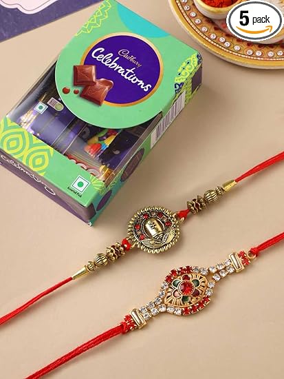 CraftVatika Rakhi Set of 2 for Brother Boy Men with Chocolate Combo Pack, Elegant Designer Rakhi with Cadbury Celebration and Greeting Card