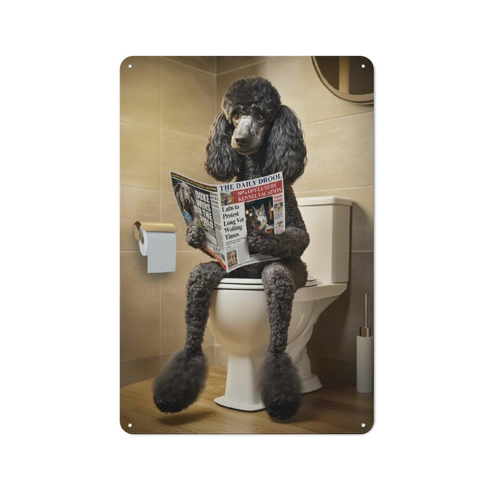 Junmoney Style-20 Poodle On The Toilet Rustic Metal Plaque 30X20cm For Living Room Wall, Suited To Home Wall Decor Collectors