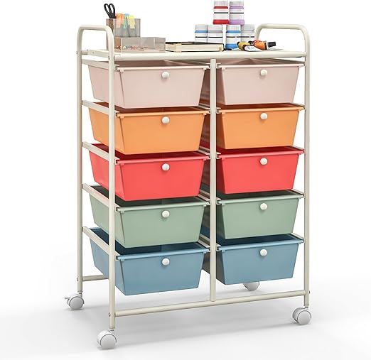 Giantex 10 Drawers Rolling Cart, Classroom Organizers, Storage Cart with Wheels, for Teacher Office Home School Supplies Tool Craft Art Paper, Multicolor