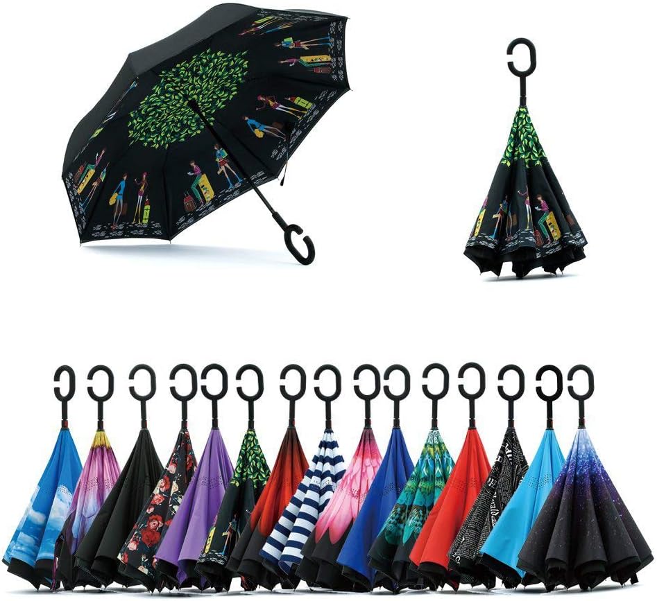 JooayouJooayou Double Layer Inverted Umbrella, C Shape Handle Reverse Folding Umbrella, Anti-UV Windproof Travel Umbrella with Carrying Bag