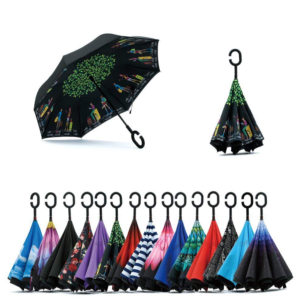Doppio Strato Invertito Ombrello, Manico a Forma di C Ombrello Ribaltabile Inverso, Anti UV Antivento Umbrella di Viaggio
