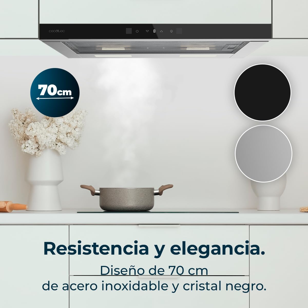 Cecotec Okap teleskopowy 70 cm Bolero Flux TLT 704400 Glass Black A+++. Ssanie 431,2 m³/h, niskie zużycie prądu, silnik DC, kontrola ruchu i dotyk, szkło przednie czarny, korpus ze stali nierdzewnej