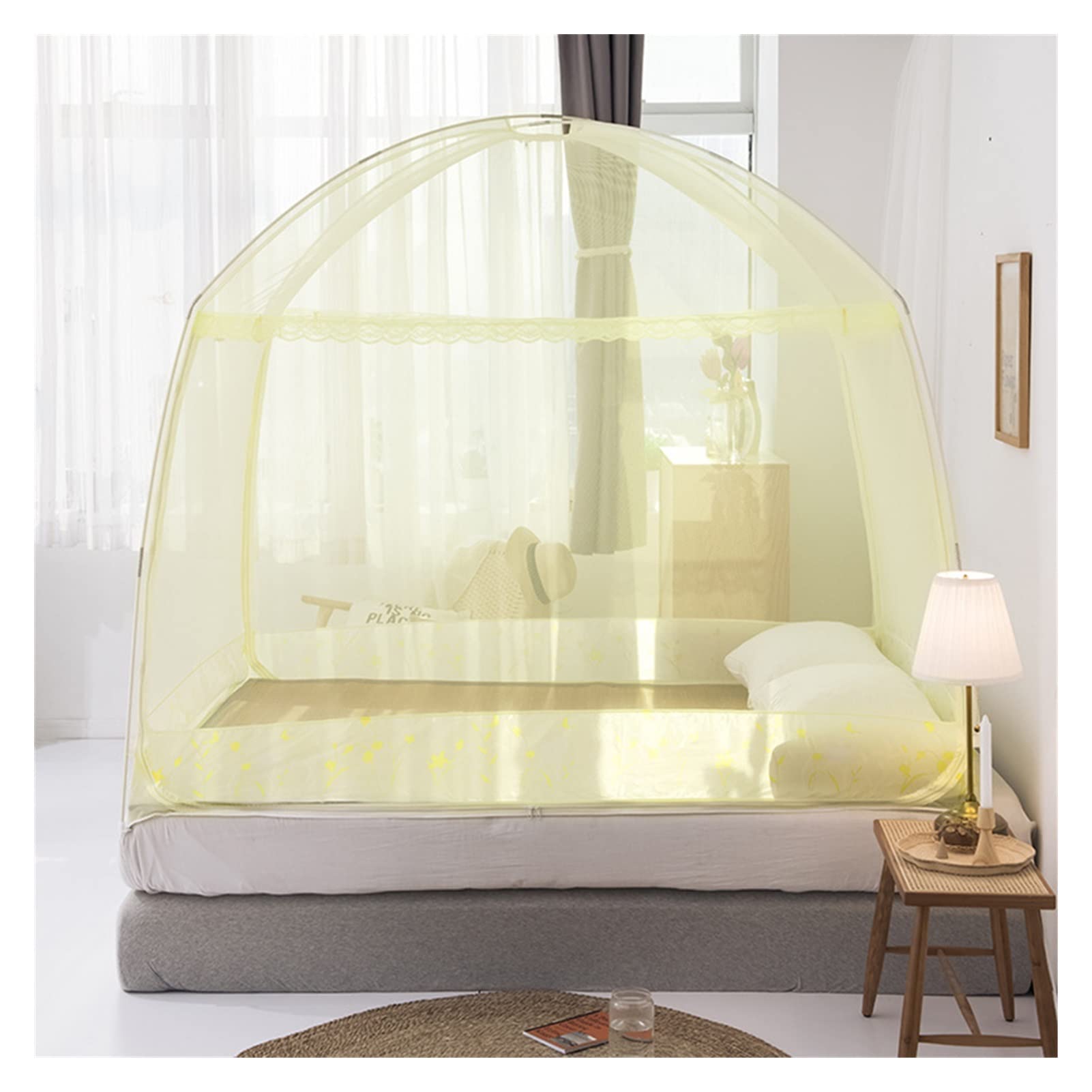 DXTFDHB Luxury Pop Up Mosquito Net Tent Large for Twin to King Size Bed Finest Holes Canopy Insect Screen Folding Design(Beige (bottomless),195x180x170CM)