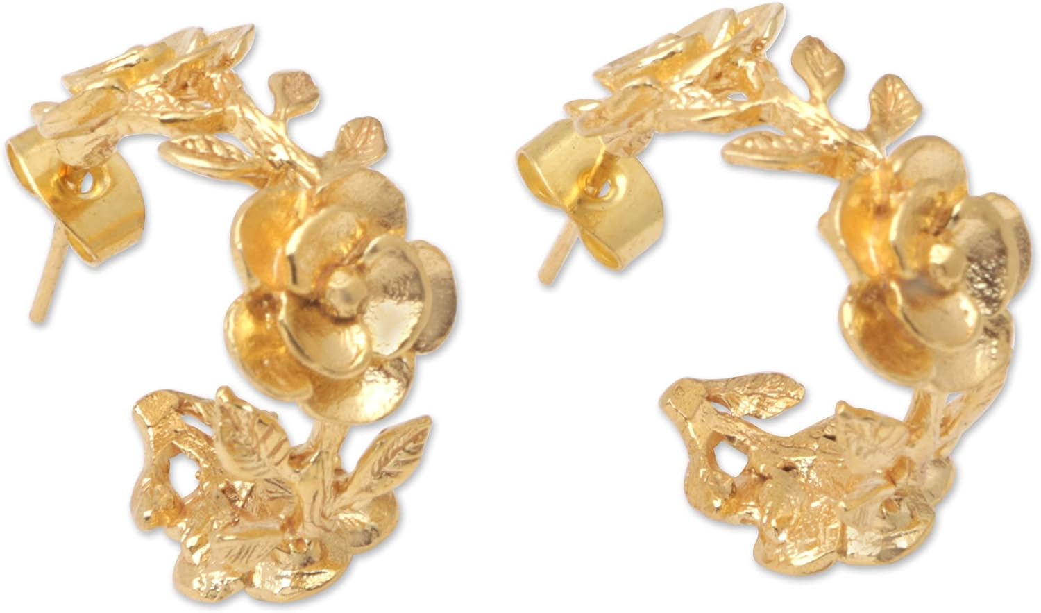 NOVICA Handmade .925 Sterling Silver 22k Gold Plated Halfhoop Earrings with Floral Details Indonesia [0.9 in L x 0.4 in W x 0.7 in D] 'Aura of The Golden Flower'