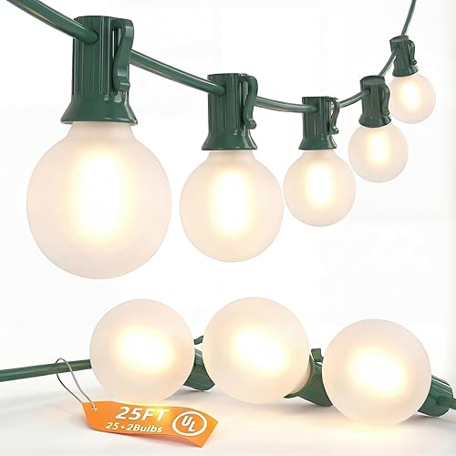 Miniatura 21 de SUNSGNE Guirnalda de luces LED G40 de 25 pies para exteriores con 27 bombillas blancas esmeriladas inastillables (2 de repuesto), luces colgantes al