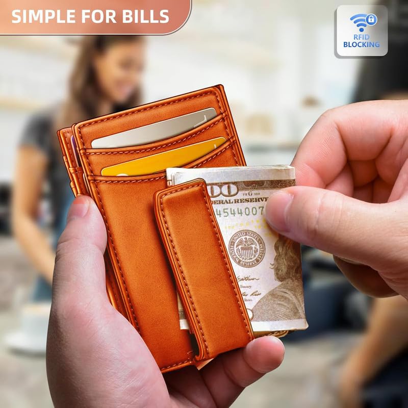 Image of Contacts RFID Blocking Magnetic Closure Slim Genuine Leather Front Pocket Wallet for Men Holds up to 12 Cards Including 1 ID Window Along with Money Clip (Tan)