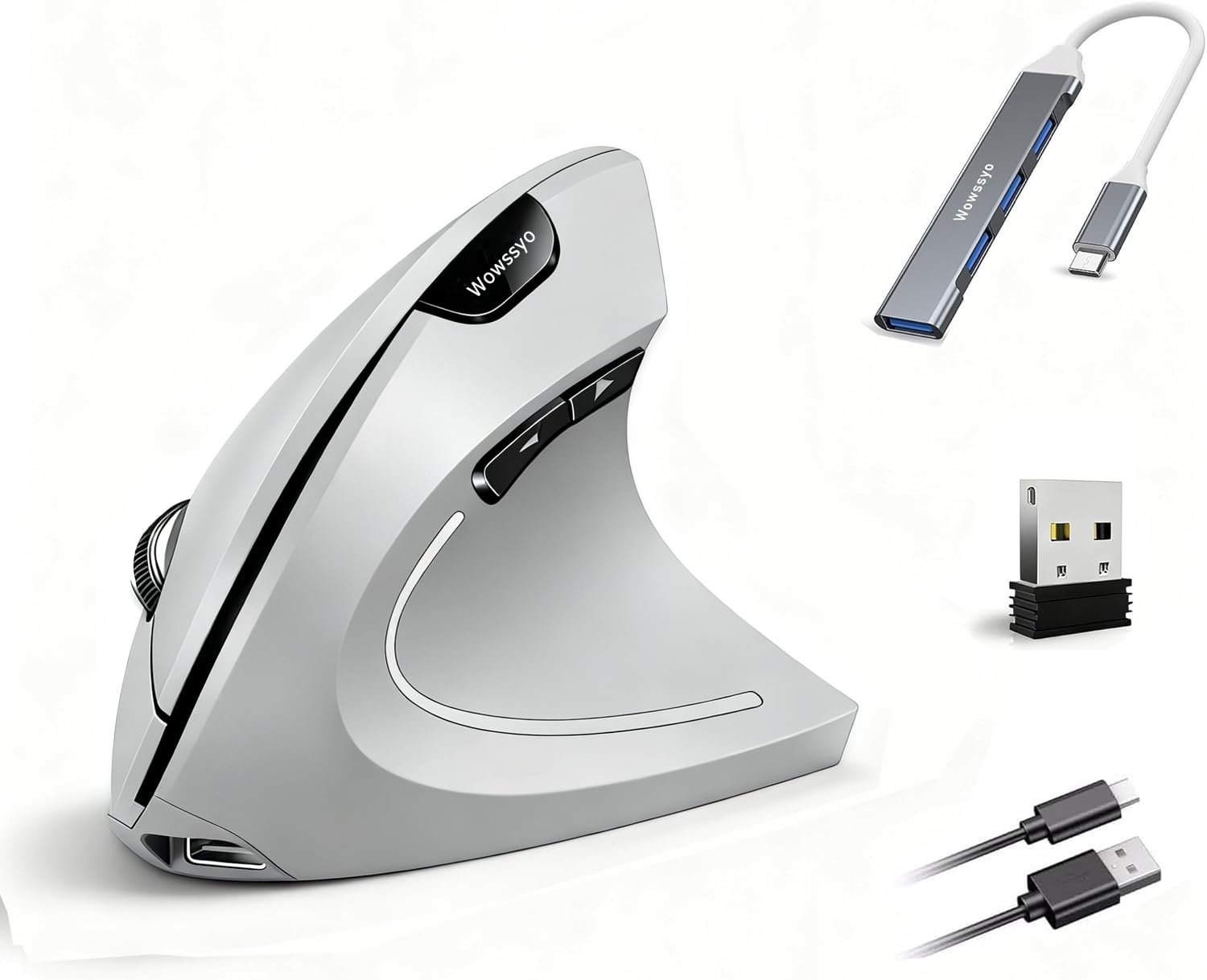 Wowssyo 2.4G Wireless Vertikale Ergonomische, Wiederaufladbar, Optische Maus Vertical Ergonomic Optical Mouse Kabellos für Windows und Mac OS, Bluetooth Maus, 800/1200/1600 DPI, 5 Tasten - grau
