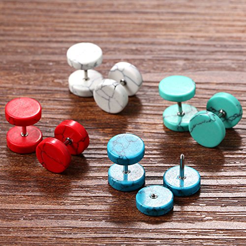 4 Pairs Unisex Marble Stone Screw Stud Earrings Set,Cupimatch Ear Piercing Plugs Faux Gauges Illusion Tunnel Earrings (10Mm) #TOP6