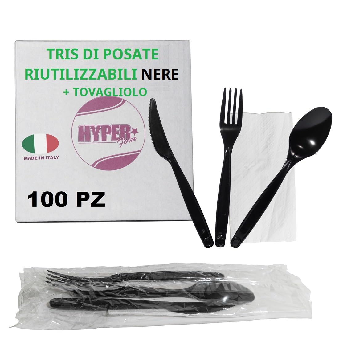 HYPER form Set Posate Riutilizzabili Nere (5gr), Tris "Forchetta Coltello Cucchiaio Tovagliolo" (100)