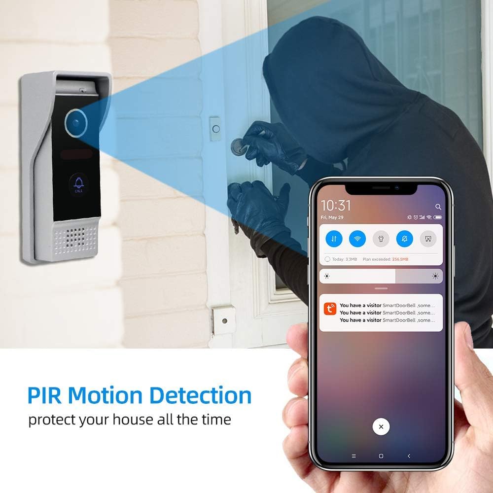 An illustration showing the outdoor doorbell camera detecting motion from a person approaching a door, with a smartphone displaying a 'You have a visitor' notification from the SmartDoorbell app.