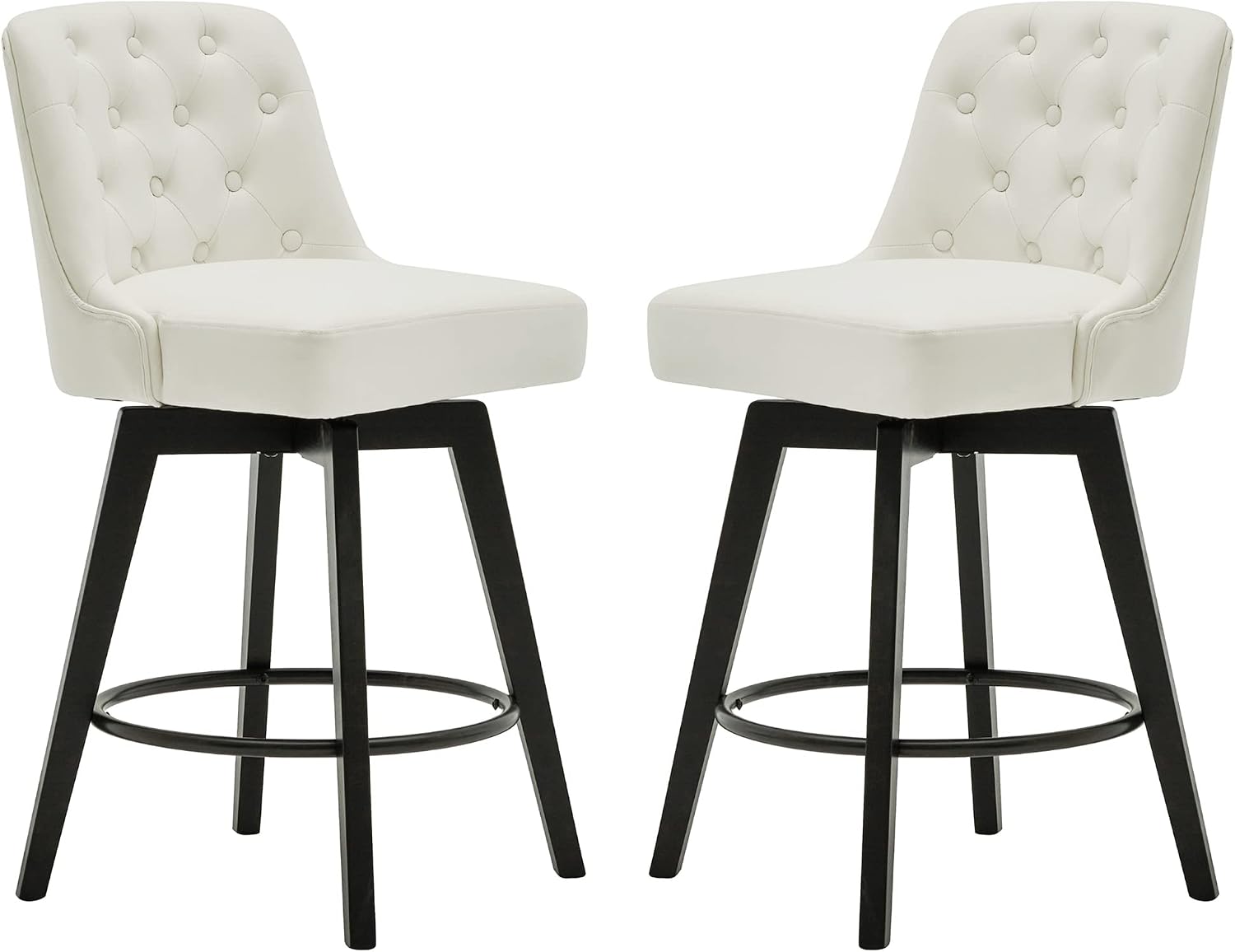 MINCETA Bar Stool Set of 2, PU Leather Barstools, 26 Inch Upholstered Counter Stools with Low Tufted Back and Footrest, Swivel Counter Height Barstools for Kitchen Island Home Bar White