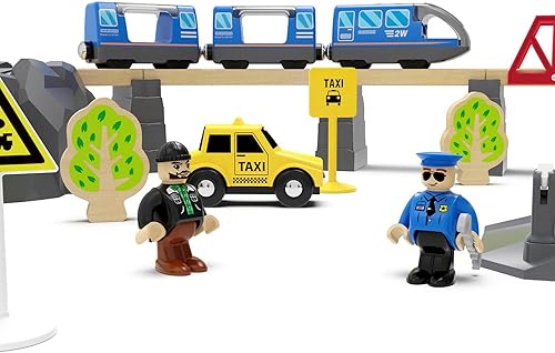 Miniatura 5 de Juego de pistas de tren de madera con pilas, juguete de alta velocidad para niños de 3, 4, 5 años, acoplamientos magnéticos para niños y niñas,