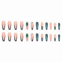 Vista 2 de MISUD Uñas postizas a presión – Uñas postizas largas con punta francesa negra, diseño de diamantes de imitación verde acrílico, 24 piezas