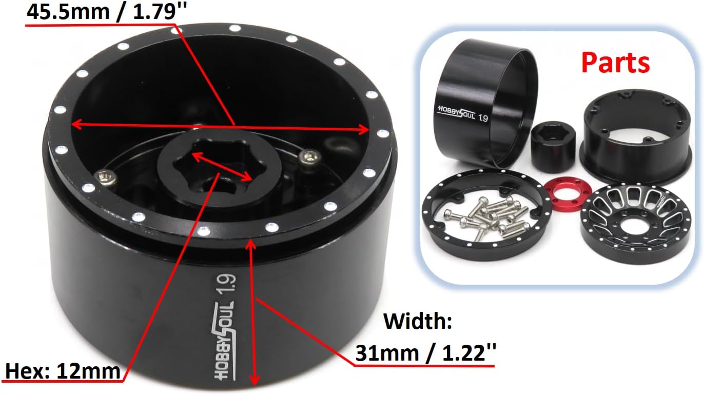 hobbysoul RC 1.9 Beadlock Wheels Adjustable 4 Negative Offsets Rims Wide 31mm for 1/10 Crawler Traxxas TRX-4 Tamiay CC01 Axial SCX10 Redcat Gen8, (4-Pack)