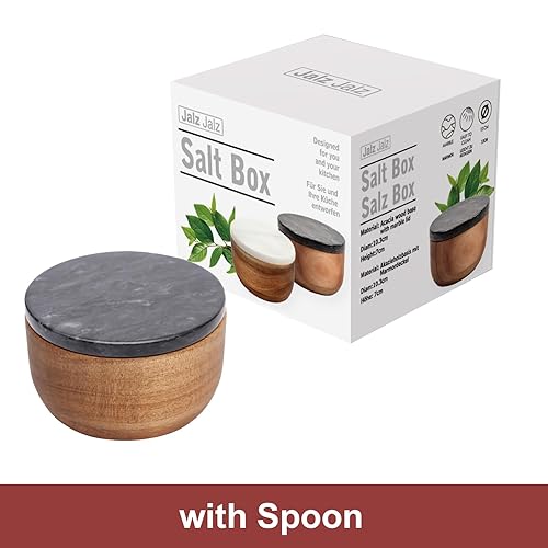 Miniatura 2 de Caja de sal de madera grande bodega de sal con cuchara condimentos condimentos conservador de sal sólida base de acacia natural negro tapa de mármol
