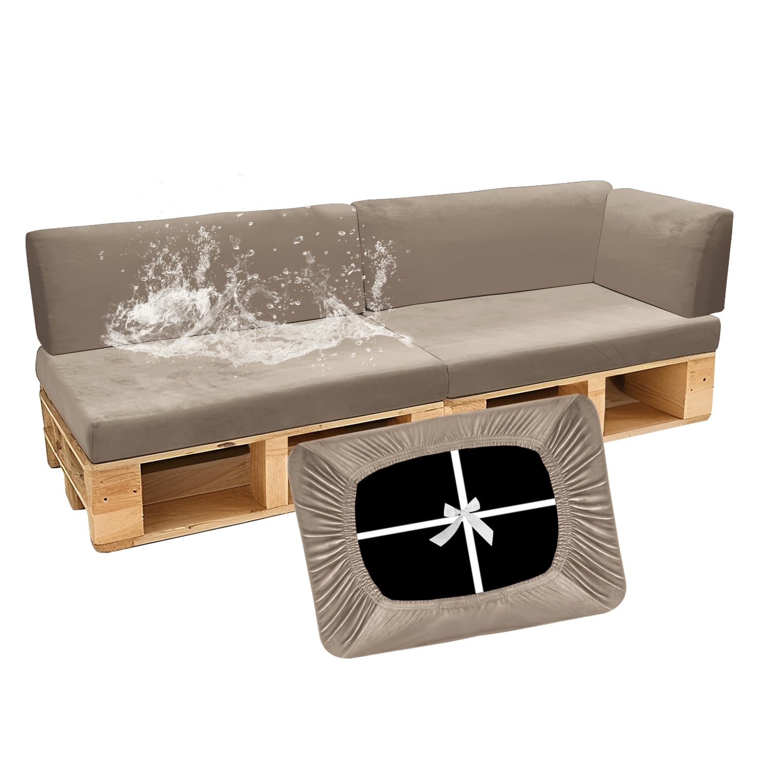 SYLC Waterproof Pallet Cushions Covers, Stretch Velvet Cover for Pallet Furniture Cushions, Outdoor Corner Sofa Covers for Rattan Wooden Patio Garden (Taupe,5 PCS(2 Seats+3 Backs))
