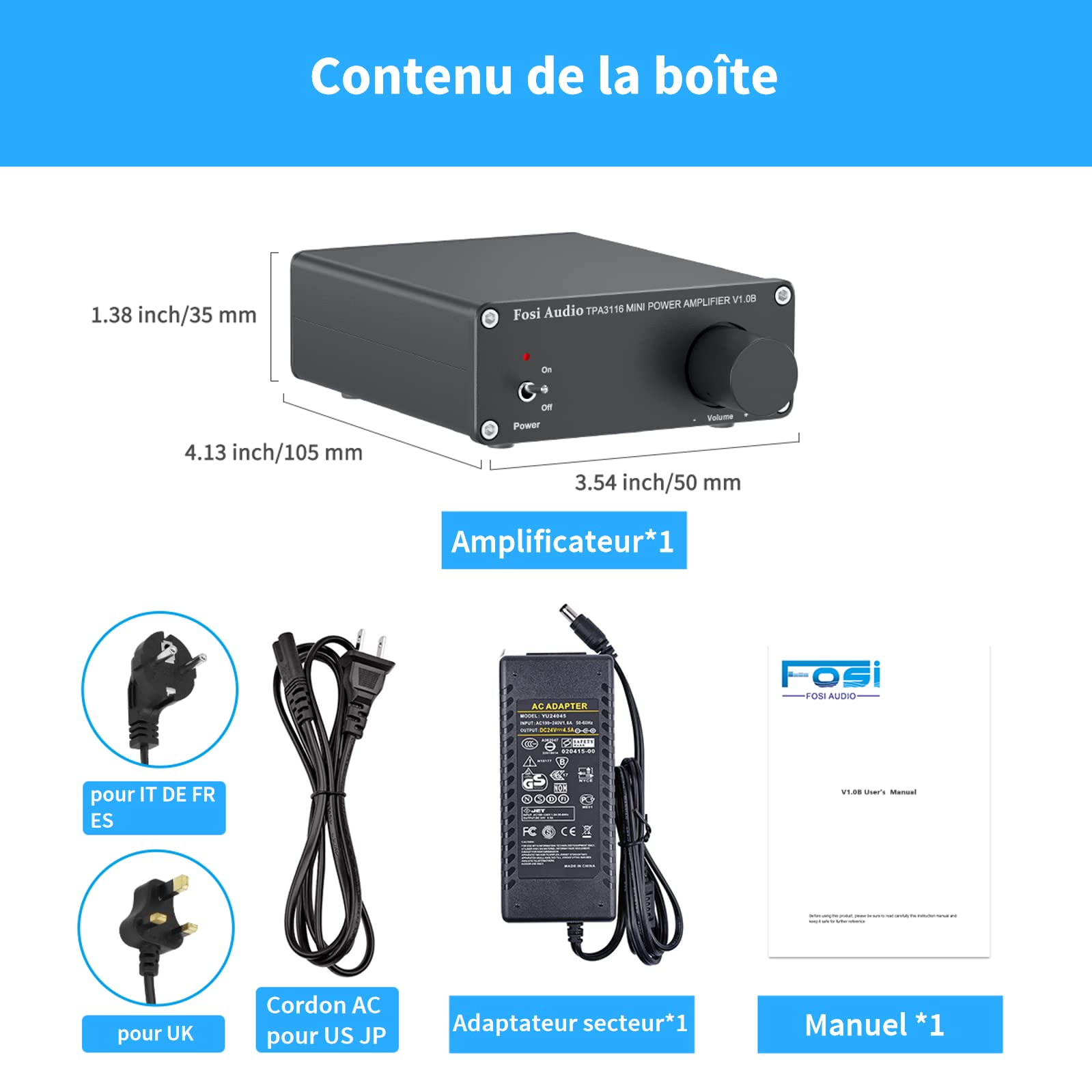 Fosi Audio V1.0B Amplificateur Audio Stéréo 2 Canaux, Mini Hi-FI Classe D Intégré TPA3116, Ampli de Haut-Parleur Domestique 50 W x 2, avec Alimentation 19 V 4.74 A