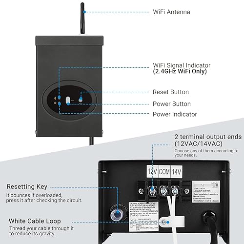 Miniatura 4 de DEWENWILS Transformador inteligente de bajo voltaje Wi-Fi de 120 W, horario y temporizador, compatible con Alexa y Google Home, 120 V CA a 12 V CA,