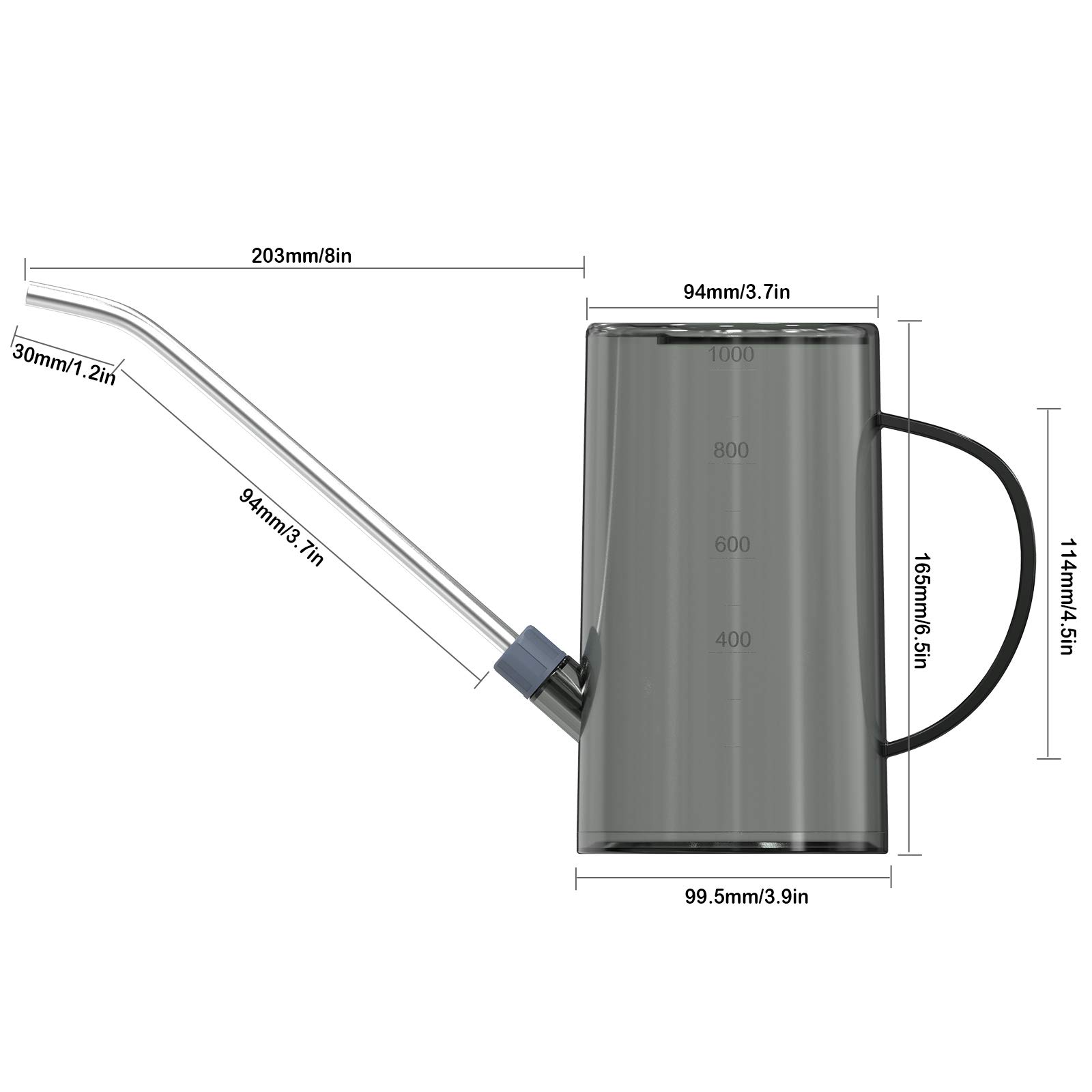 Arrosoir 1L Pour Plantes D'Intérieur WD&CD - Petit Arrosoir Gris Avec Long Bec Acier Inoxydable, Transparent Pour Fleurs, Succulentes Et Plantes D'Intérieur