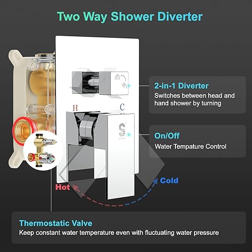 Miniatura 4 de SR SUN RISE Grifo de ducha cuadrado de 10 pulgadas, barra deslizante ajustable de 16 pulgadas con manguera, cabezal de ducha de lluvia cuadrado y