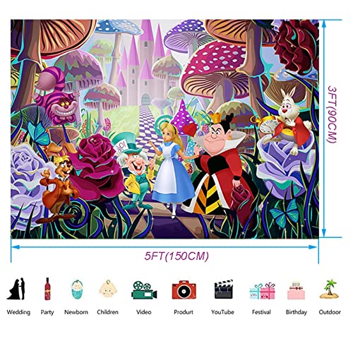 The Fantasy World Of Alice Backdrop, 5 X 3 Ft Alice In Wonderland Theme Banner Supplies, Tea Party Baby Shower Background For Birthday Party Cake Table Decoration #TOP4