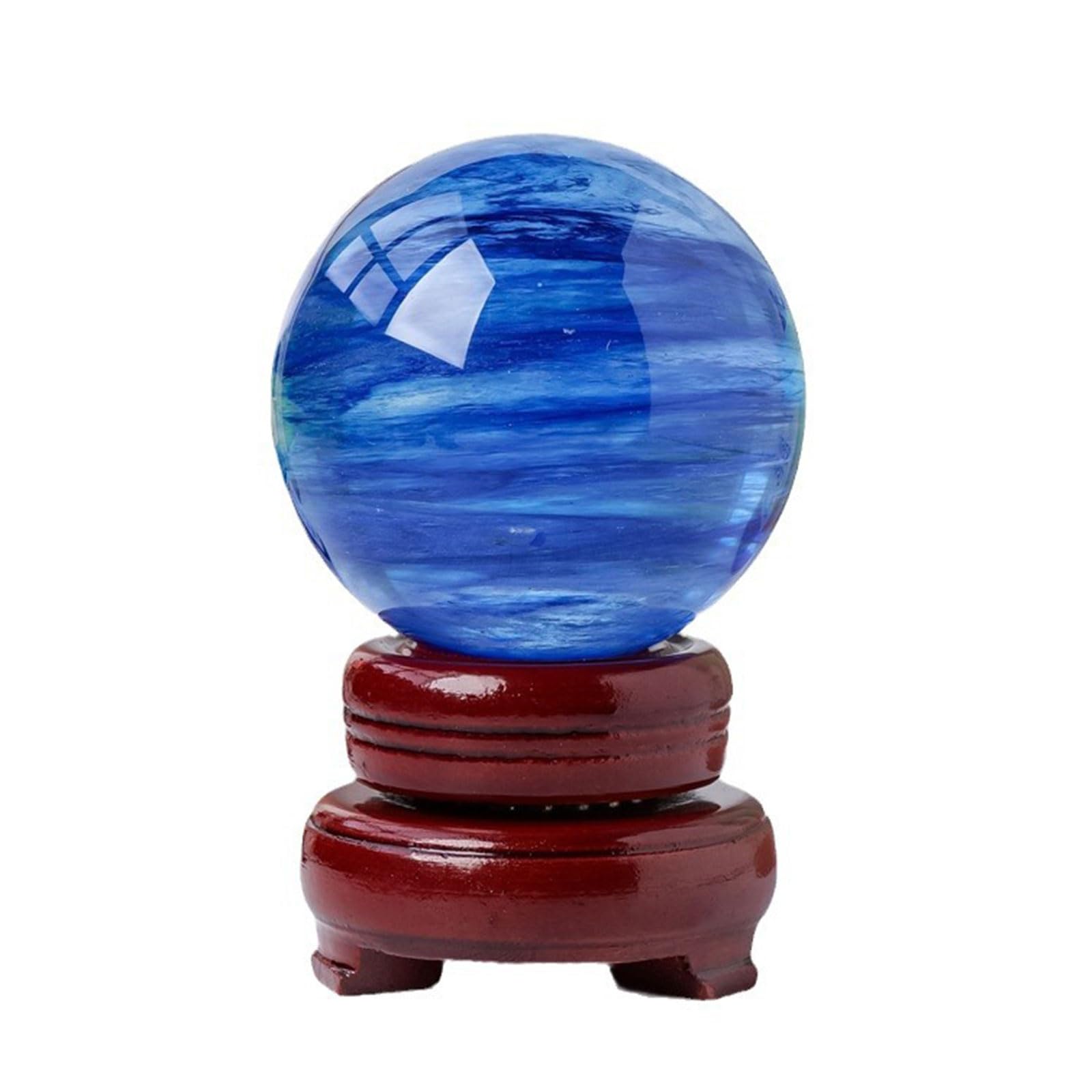 AUOQKQUT Crystal Ball, Blue Molten Stone with Wooden Stand Feng Shui Display Sphere Ornaments for Divination Decoration,50mm
