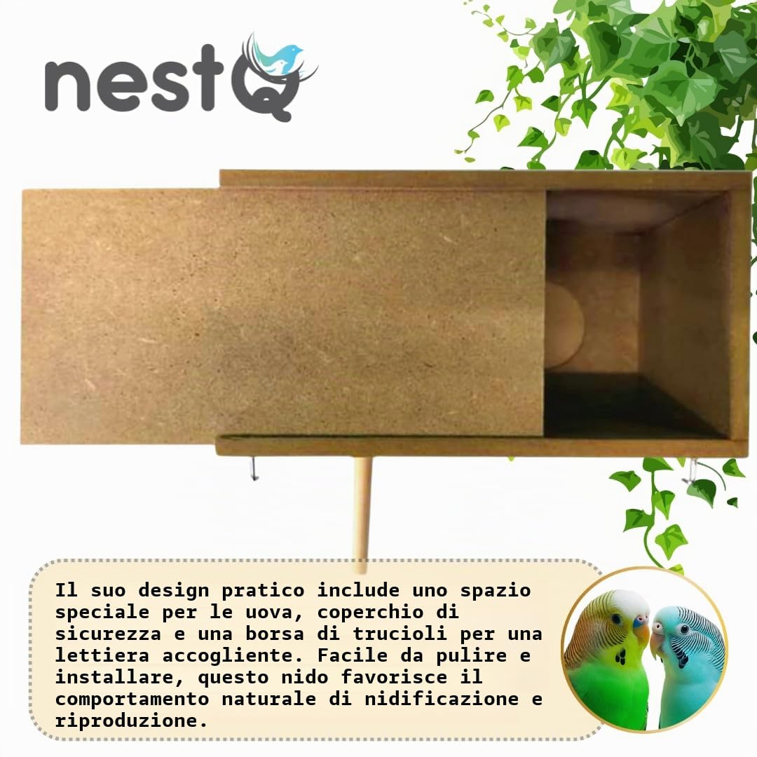Nido per Parrocchetti con Trucioli Viruta per la Catenina, Casetta di legno per uccelli, con ganci per la Gaule di parrocchetto, 20 cm x 11 cm x 11cm