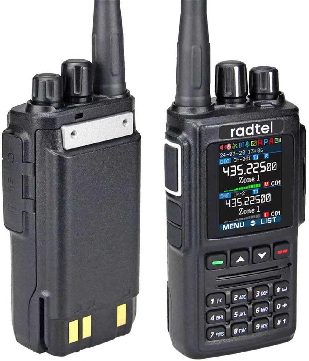 Side view of the Radtel RT-7D DMR Radio with battery attached, showing side buttons and ports.