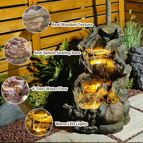 Image of Sunlinua 37 inch L Outdoor Water Fountain with 3 Tiers Cascading Realistic Tree Trunk Waterfall Fountains with LED Lights Outdoor Water Fountain for Garden Patio Backyard Porch Home Decor