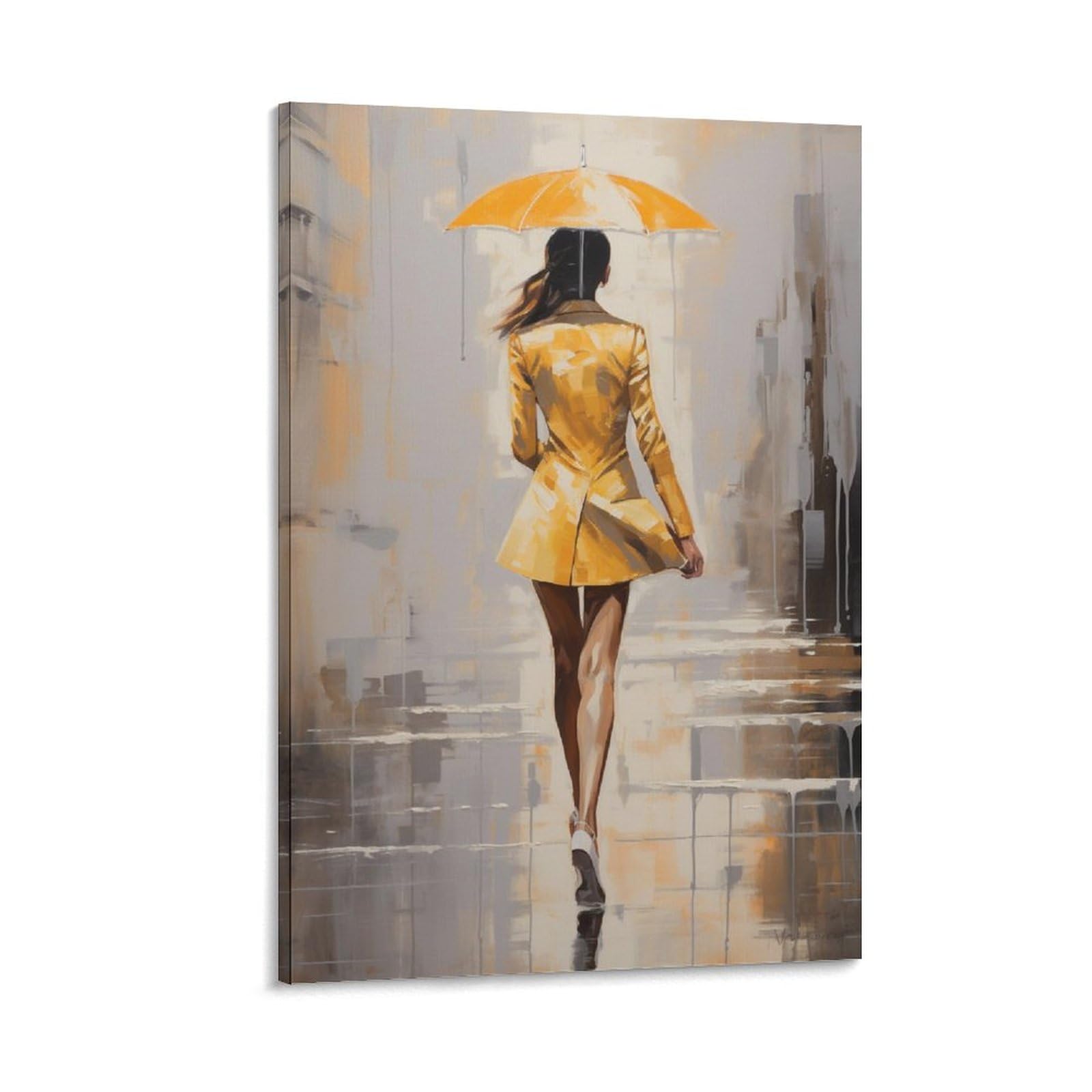 AYAROS Abstract Woman Umbrella Canvas Wall Art for Bedroom Yellow Suit Woman on The Street Wall Decor Poster for Room Aesthetic Framed 12x18 inch