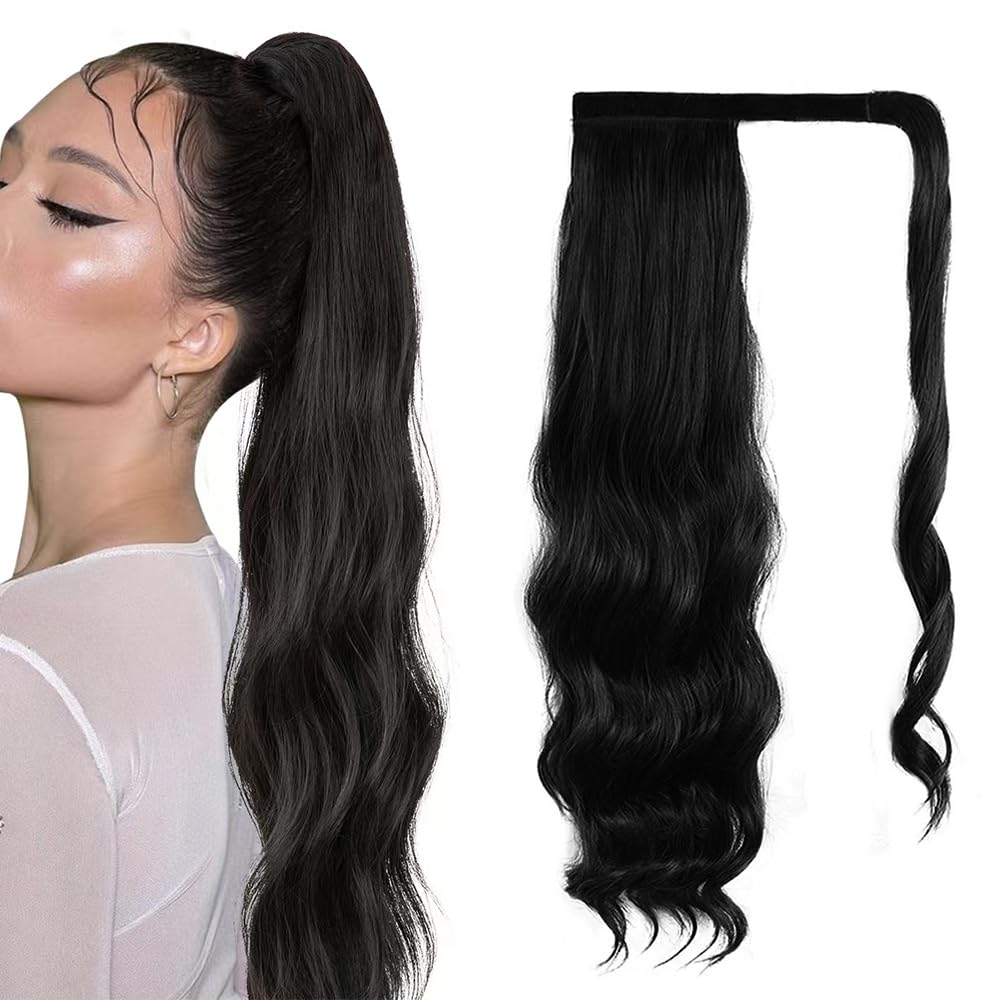 wrap around ponytail extension Clip in Ponytail Hair Extensions Natural Wavy Hairpiece Pony Tail Extension for Women Girls (2# Black