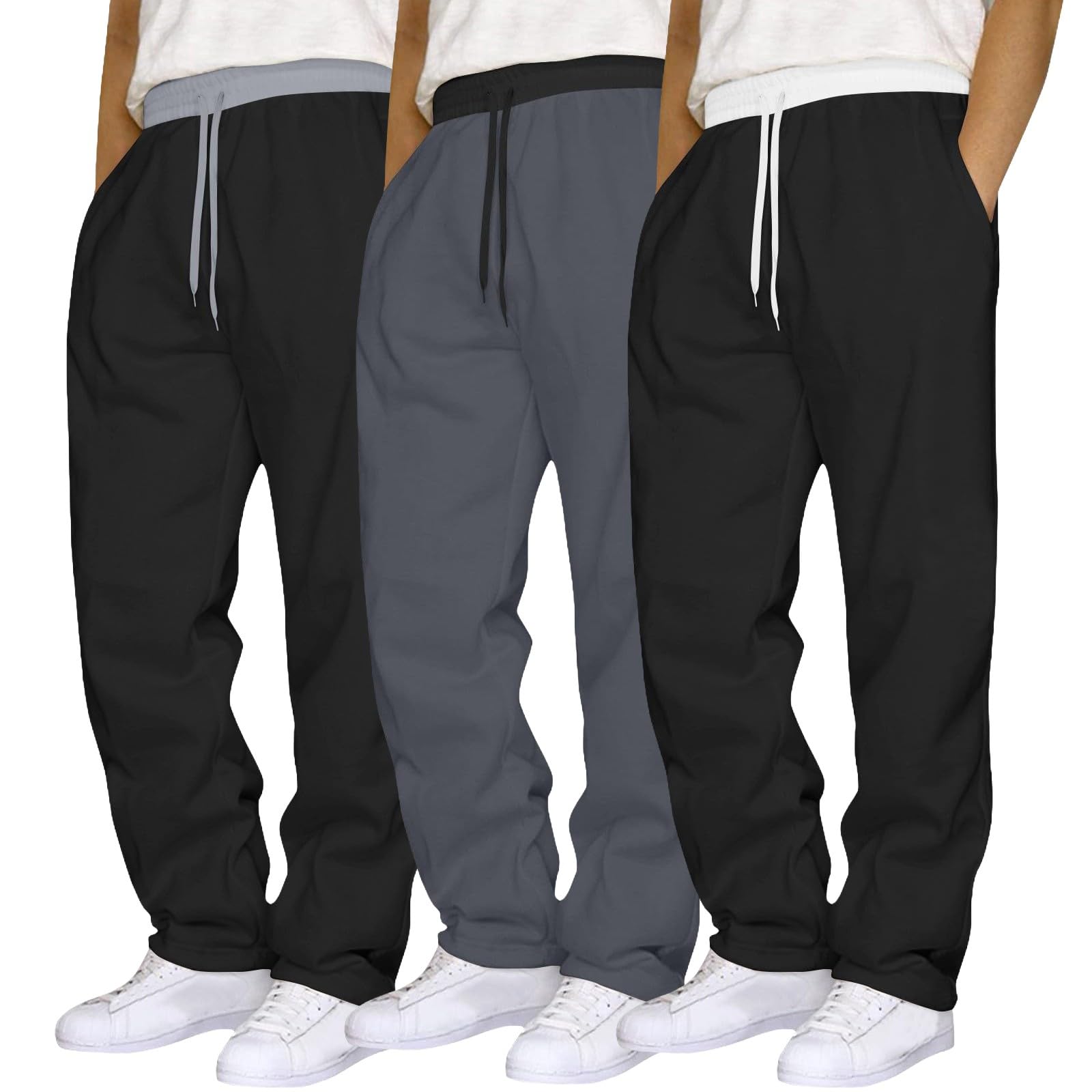 Paquete de 3 pantalones de chándal para hombre, ajuste holgado | Pantalones ligeros con cordón elástico en la cintura para deportes, gimnasio, entrenamiento, correr, con bolsillos