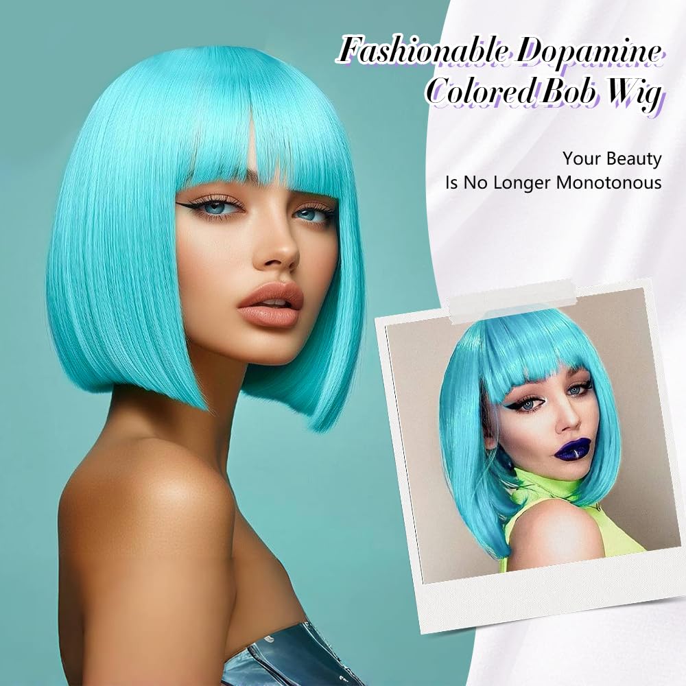 BATISI Teal Bob Wig for Women Short Bob Straight Wigs Flat Bangs Synthetic Costume Cosplay Daily Party Neon Wig 12 Inch - Image 5