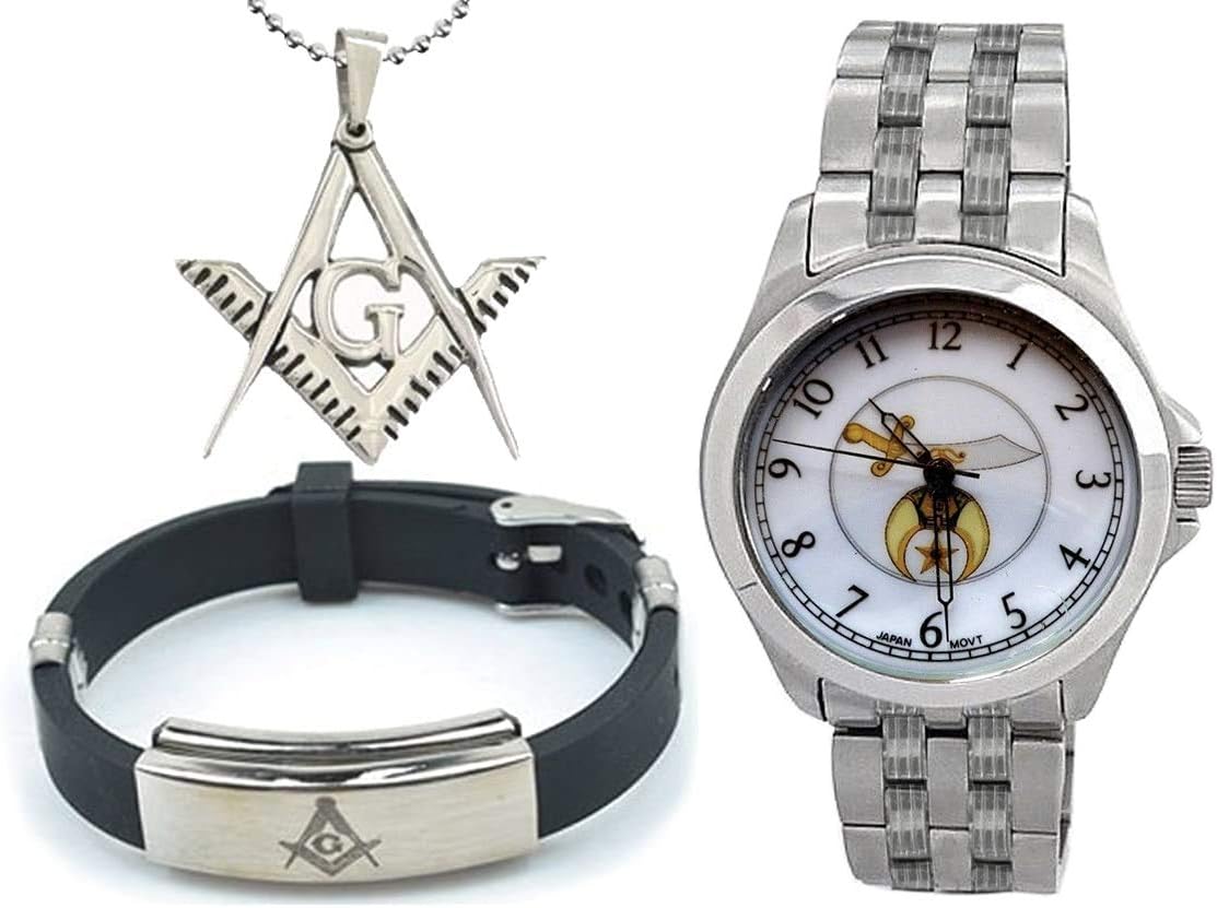 3 Piece Jewelry Set - Freemason Pendant, Bracelet & Shriner Watch Analog Clock. Freemason's Symbol on Silver Color Steel Band. Full White Face Dial