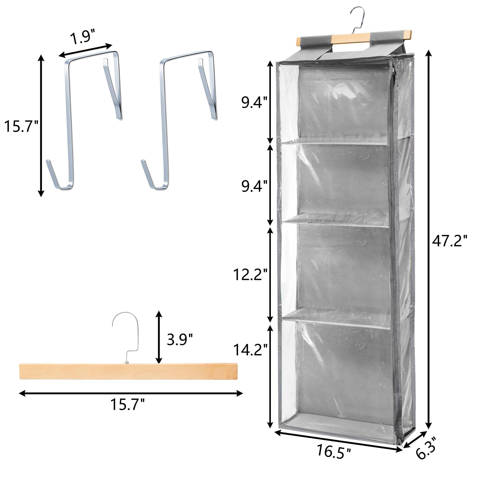 ELFULLY Hanging Yarn Storage, Knitting Organizer Storage with 4 Compartments, Clear Door Hanging Yarn Holder with Zipper and Hook, Large Capacity Pockets for Crochet Hooks Threads Clothes Purses