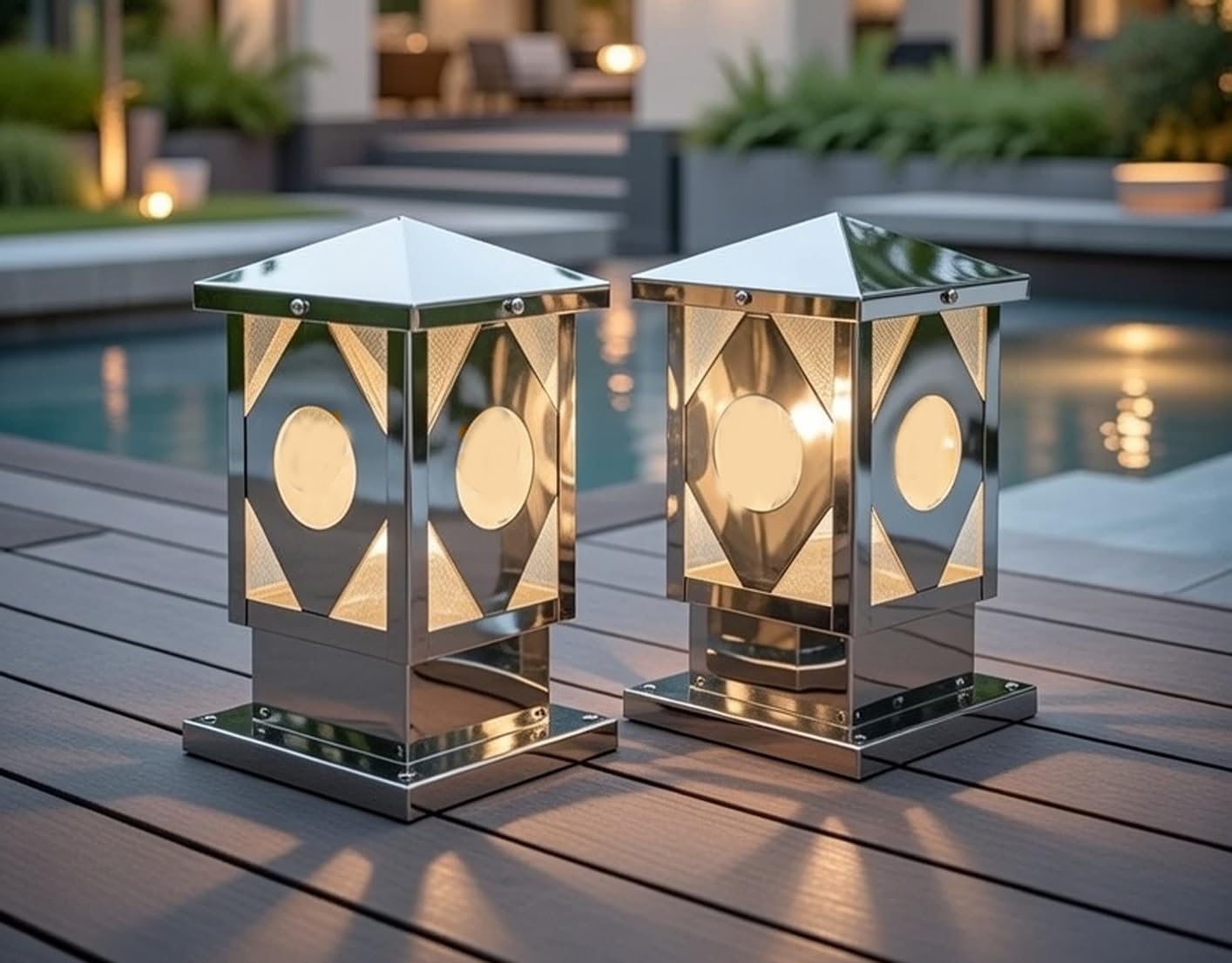 Weldecor Outdoor Main Gate Light, Stainless Steel Metal Decorative Lantern with Geometric Design, LED Compaitable Pillar Post Lamp for Garden Patio Deck, 2 Pack