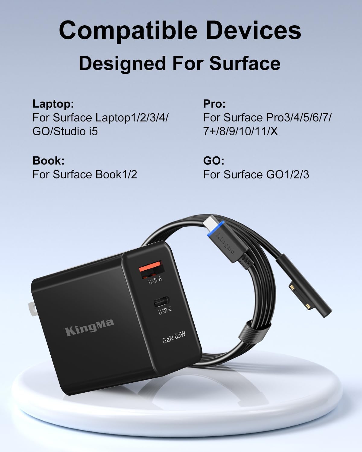 for Surface Pro Charger, 65W Microsoft Surface Charger PD3.0 Fast Charger for Microsoft Surface Pro 11 Charger Compatible with Microsoft Surface Pro 10/9/8/7/6/5/4/3/Go/Book,Portable Travel Adapter