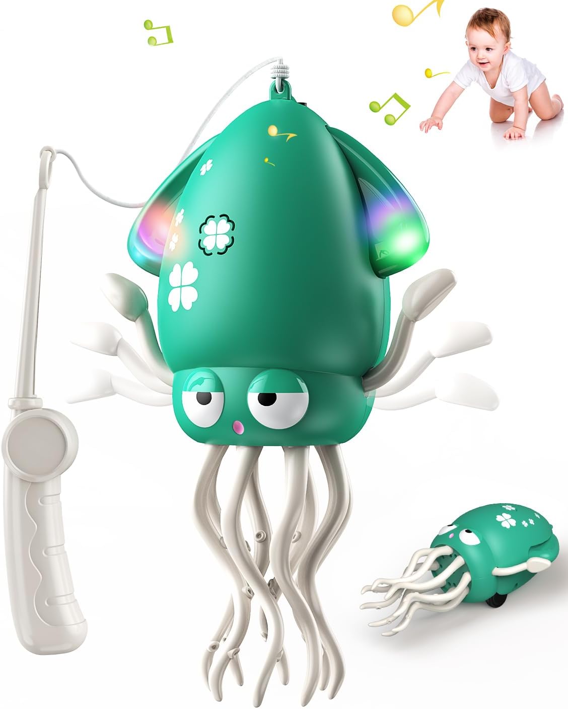 Magic Dancing Octopus Toy - Smart Obstacle-Dodging Robot with LED Light Show & Music, USB Rechargeable Tummy Time Squid Toy for Baby | Electric Crawling Octopus | Interactive Gift for Kids 3+ (Green)