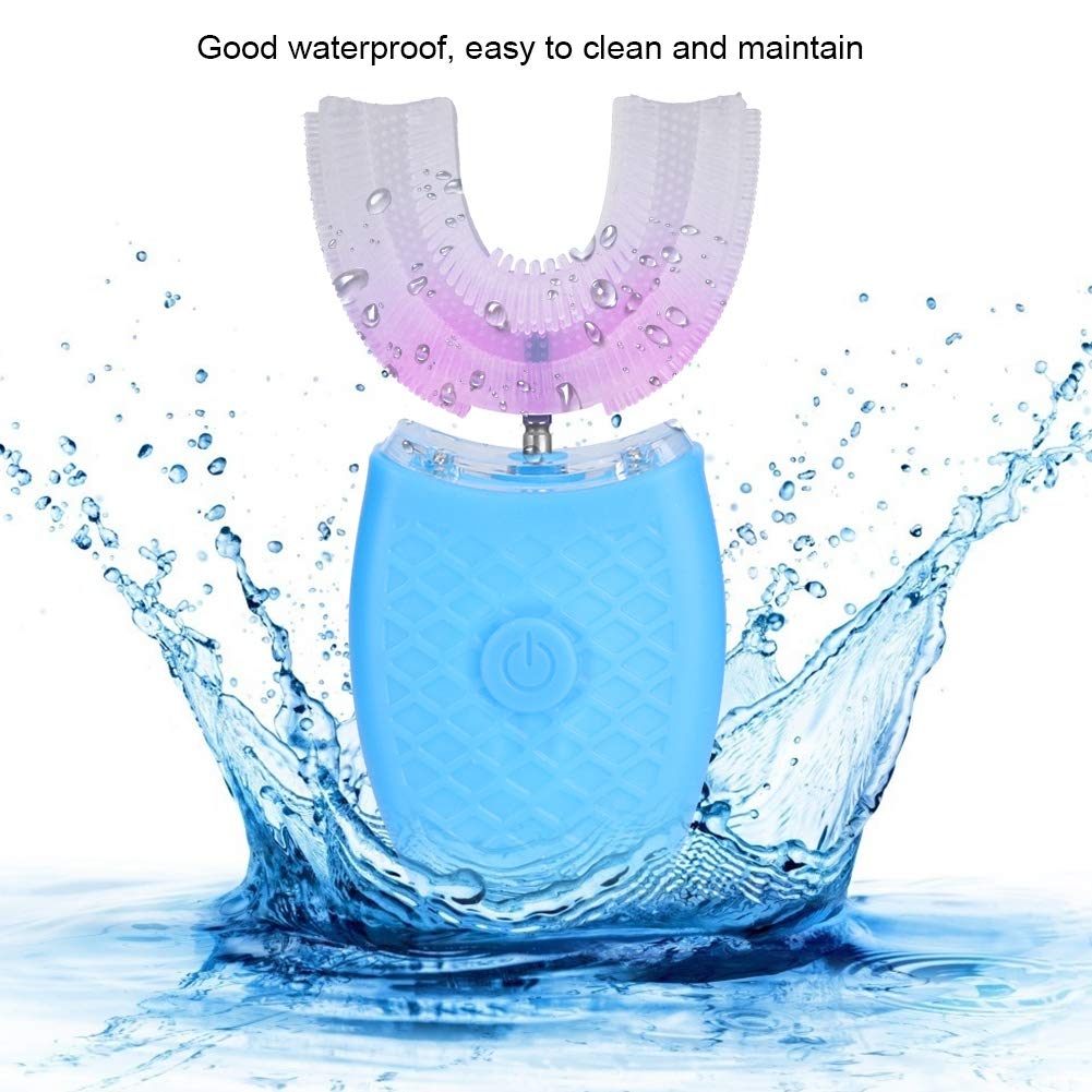 Cepillo de dientes eléctrico de silicona en forma de U recargable a prueba de agua Cuidado bucal ultrasónico Cepillo de blanqueamiento de limpieza de dientes con 4 modos(Azul)
