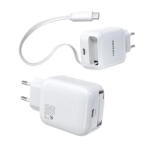 TOPADRE 2-Pack Cargador USB C 30W, Cargador rápidos con Cable retráctil | 2-Port Adaptador Cargador, Cargador USB C retráctil para iPhone 17/16/15 Pro Max, iPad Pro, para Galaxy S25/S24/S23, Blanco
