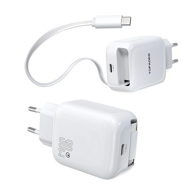 TOPADRE 2-Pack Cargador USB C 30W, Cargador rápidos con Cable retráctil | 2-Port Adaptador Cargador, Cargador USB C retráctil para iPhone 17/16/15 Pro Max, iPad Pro, para Galaxy S25/S24/S23, Blanco