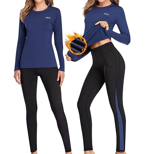 HiZiTi Thermal Underwear for Women Long Johns Set with Fleece Lined Base Layer Suits (Blue, Large)