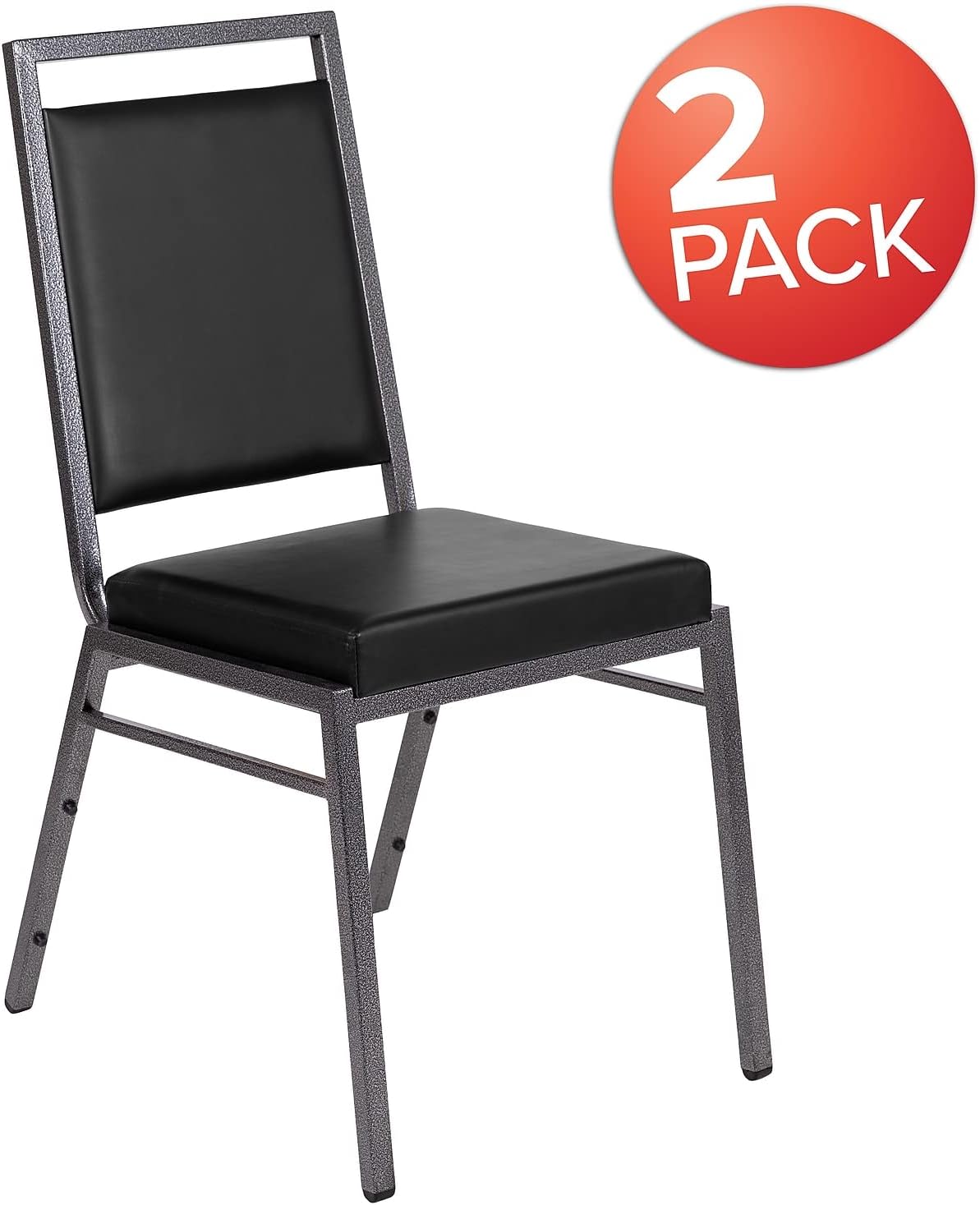 Flash Furniture 2 Pack HERCULES Series Square Back Stacking Banquet Chair in Black Vinyl with Silvervein Frame
